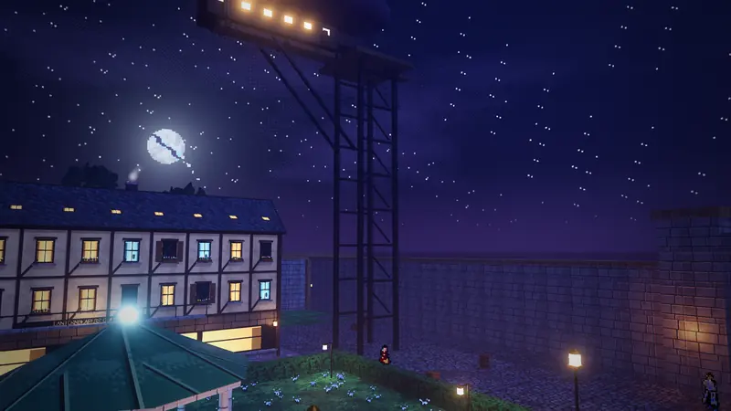 Eastward at night: the Lanternbearers' Guild hall, and an airship resting in its cradle on top of the docks mast.