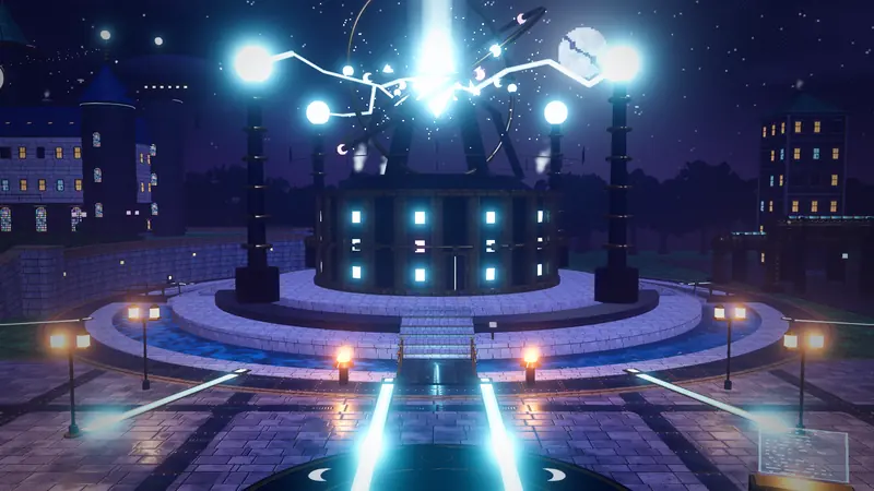 The Lune Engine on the Heights: a drum of lit ports inside its rings, a beam of light rising from it, lamps round the court.