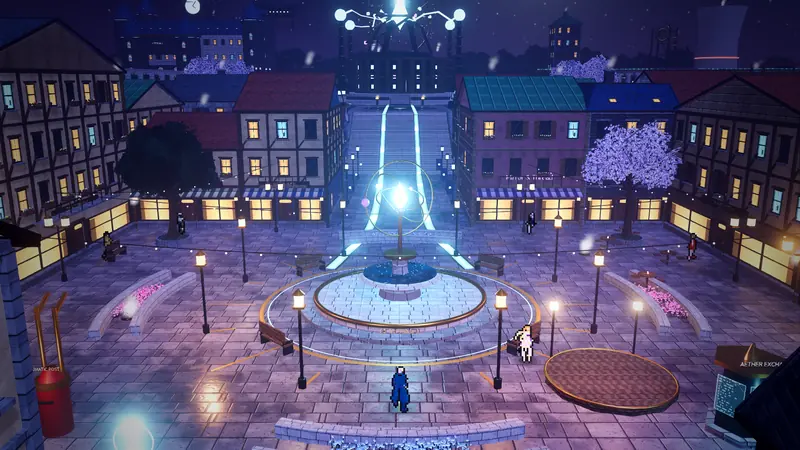 Lantern Square from above at night: the Moonwell fountain, rows of lit townhouses, and the Engine's light rising behind.
