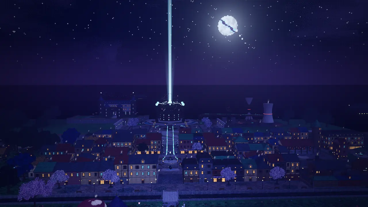 Lunemere at night from high above: rooftops full of lit windows, and the Lune Engine's glowing rings at the top of the city.