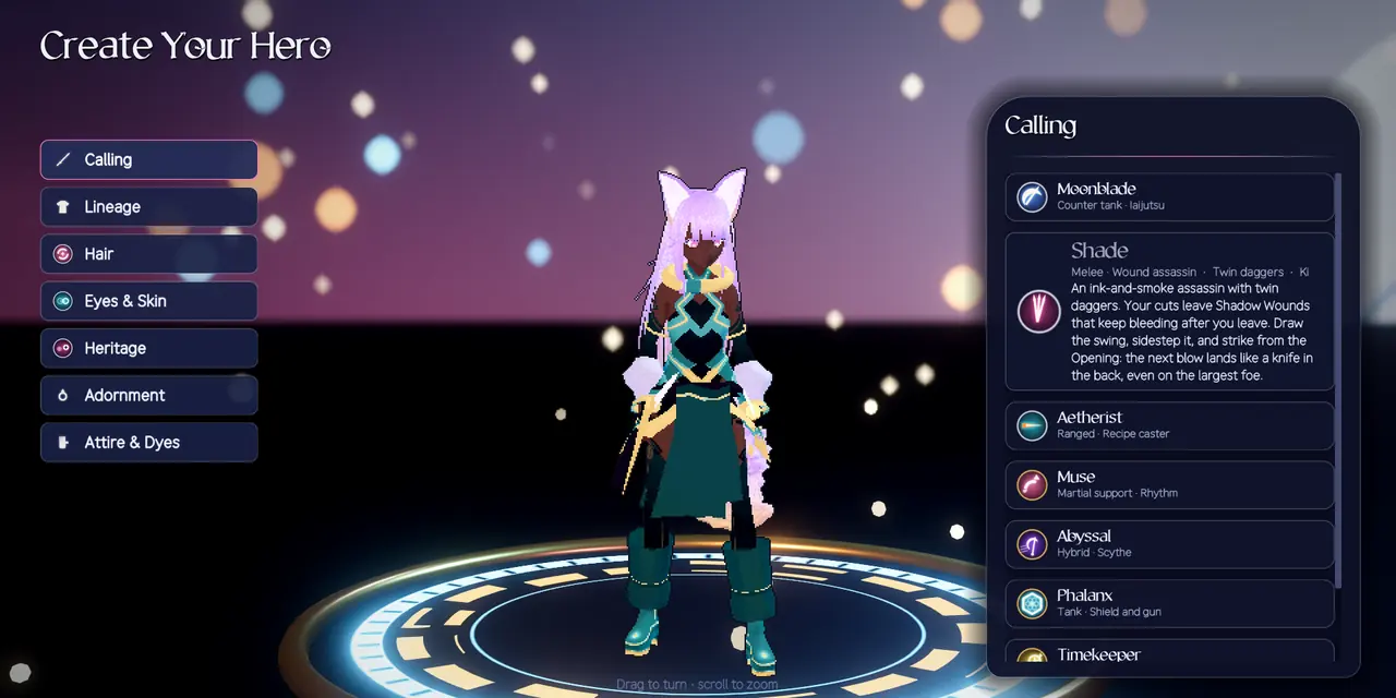 The hero creator: a hero on a glowing dais beside the list of eight callings.