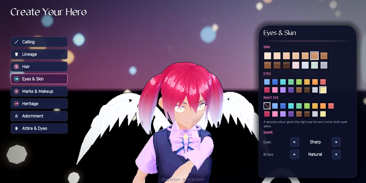 The 0.1.6 creator's Eyes and Skin page: a hero with pink hair and white wings, eye colours and shapes beside her.