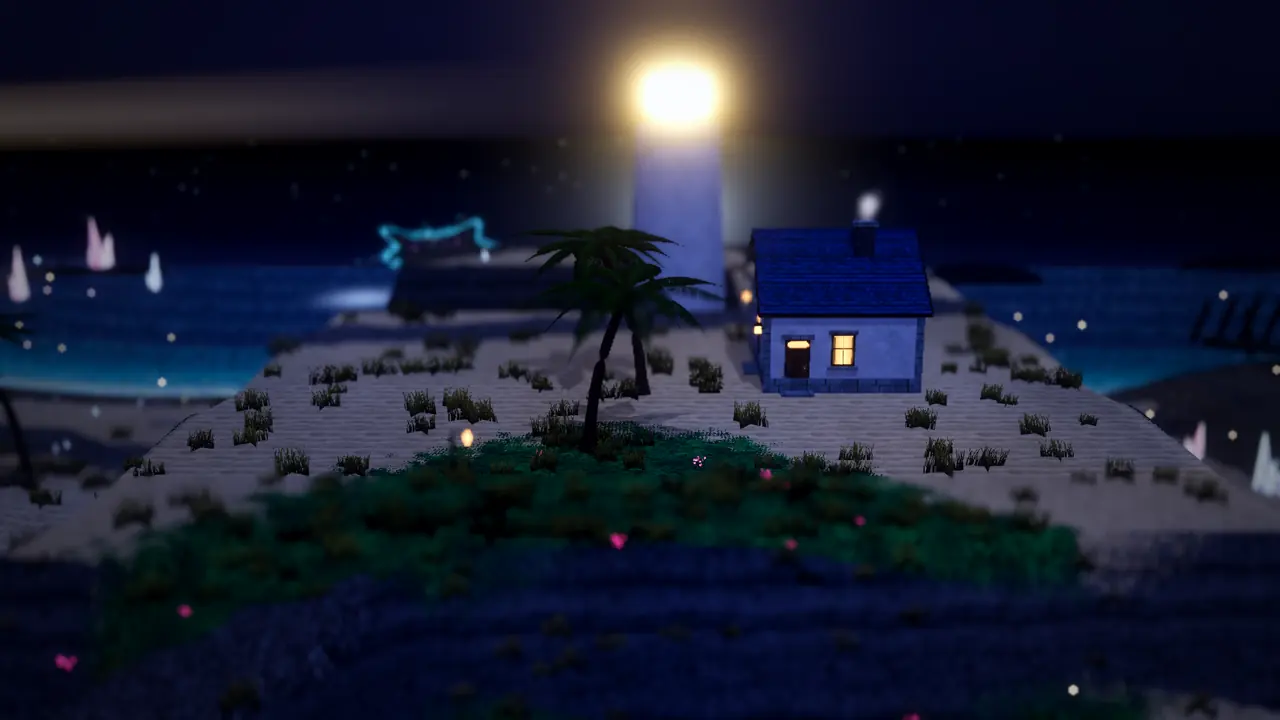 Saltglass Shore under the moon, lamps lit.
