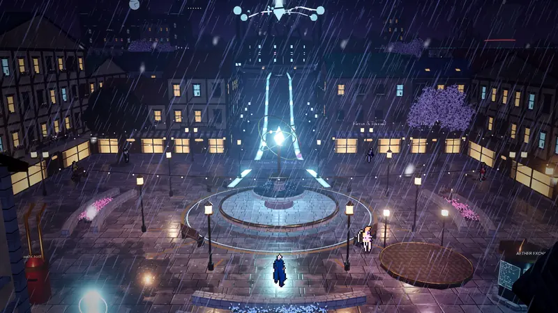 Rain over Lantern Square at night.