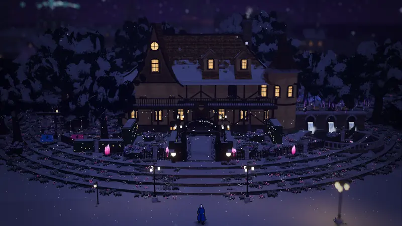 Snow settled on the Milk and Honey House and its garden.