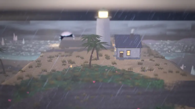 A storm over Saltglass Shore, the lighthouse lit.