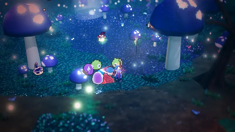 Glowcap Hollow in Whisperwood: giant glowing mushrooms, and a hero fighting a pack of small mushroom creatures.